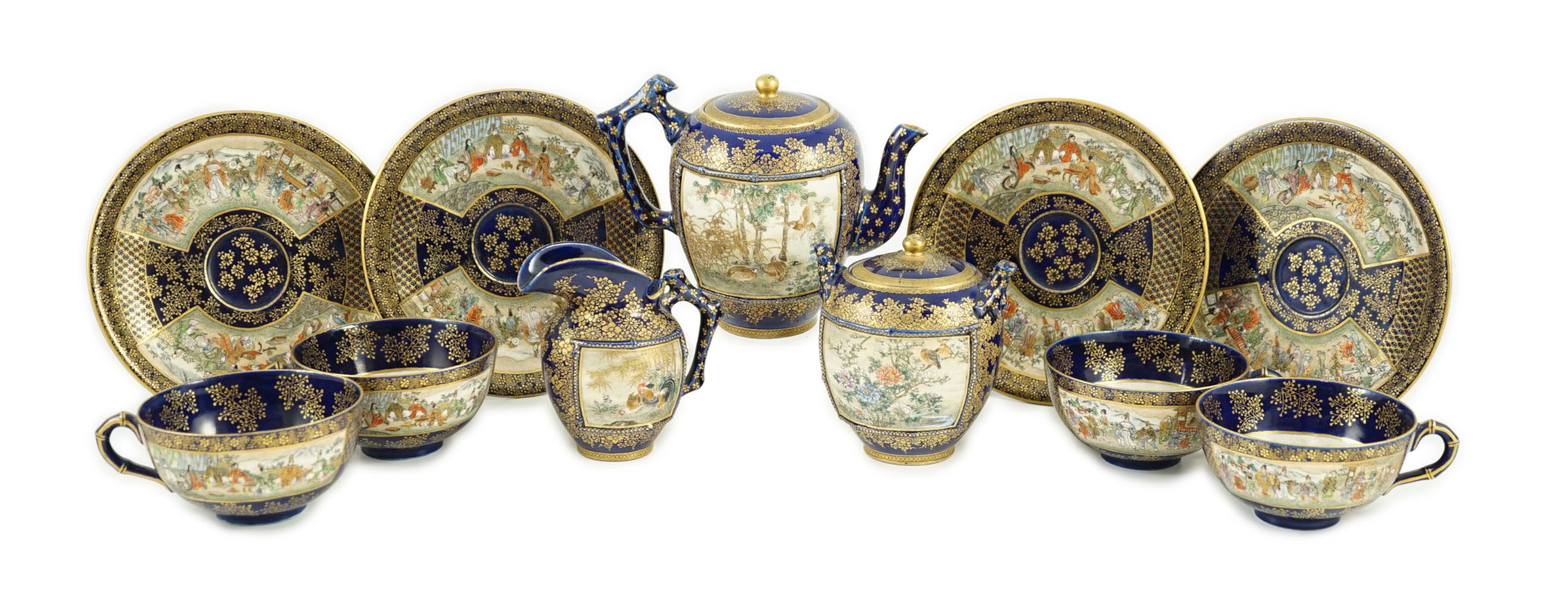 A group of Japanese Satsuma pottery tea wares, by Kinkozan, Meiji period, Saucers 15.2cm